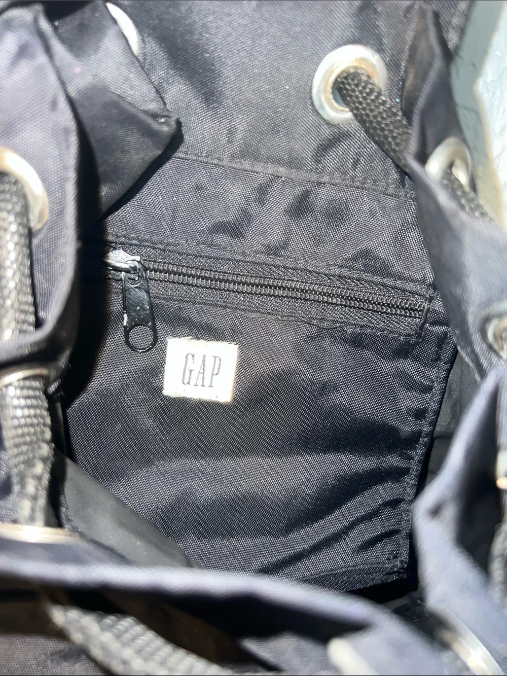 GAP Black Drawstring Backpack with Front Zip Pocket